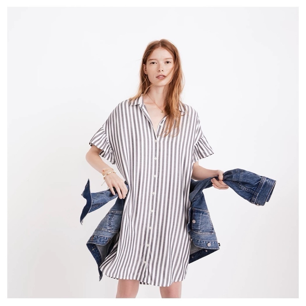 MADEWELL STRIPED COURIER RUFFLE-SLEEVE SHIRTDRESS